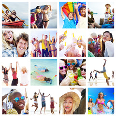 Wall Mural - Collage Diverse Faces Summer Beach People Concept