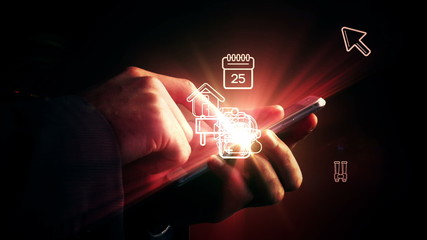 Poster - Man using smartphone with holographic apps