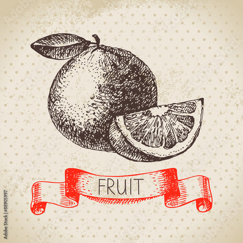Fototapeta na wymiar Hand drawn sketch fruit orange. Eco food background