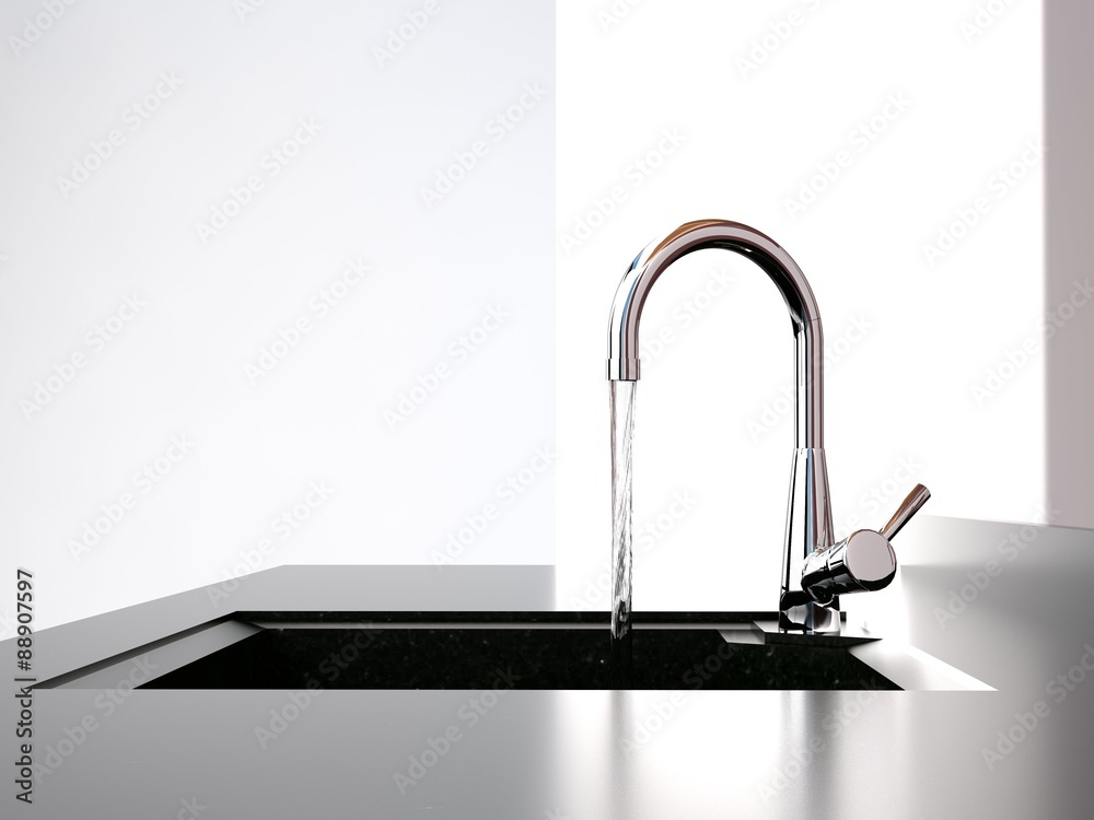 water flows from the kitchen tap to black kitchen sink - obrazy, fototapety, plakaty 