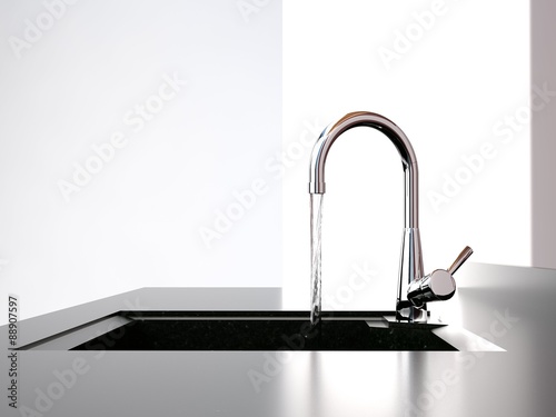 Cuadros en Lienzo water flows from the kitchen tap to black kitchen sink