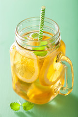 Canvas Print - ice tea with lemon and melissa in mason jar