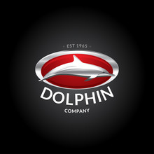Dolphin Logo Template. Silver Dolphin Logotype On Deep Red Background. Badge, T-shirt Design, Vector Illustration For Company And Business.