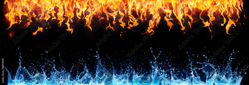 fire and water on black - opposite energy - obrazy, fototapety, plakaty 