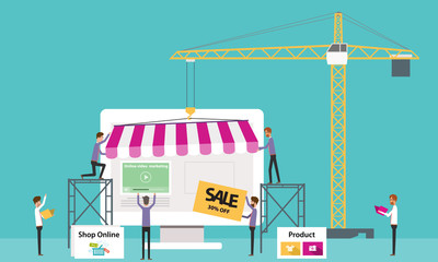 Poster - flat vector business online shop .Create Online Store.people business