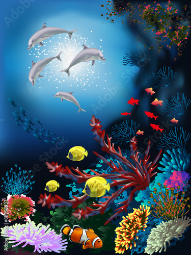 Obraz w ramie The underwater world with dolphins and plants 