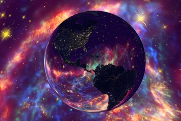 The Earth from space on the background with stars and galaxies showing North and South Americas, Central America, USA, Brazil on globe in the night time, elements of this image furnished by NASA