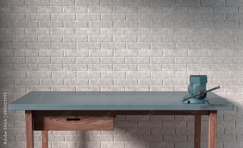 work table of a carpenter on white brick wall background - obrazy, fototapety, plakaty 