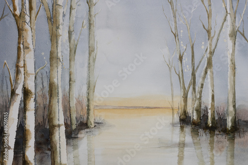 Obraz w ramie Original watercolour, trees at the side of a lake