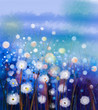 Abstract oil painting white flowers field in soft color. Oil paintings white dandelion flower in the meadows. Spring floral seasonal nature with blue -green hill in background.