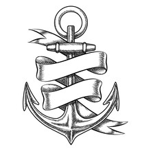 Vector Hand Drawn Anchor Sketch With Blank Ribbon