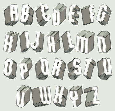3d font, geometric dimensional letters set.