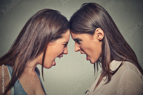 Two women fight. Angry women screaming looking at each other Tableau sur Toile