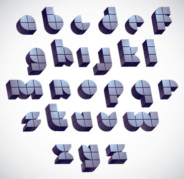 3d futuristic round font made with blocks, monochrome dimensiona