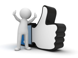 Fototapete - 3d man showing thumb up with like hand symbol over white background
