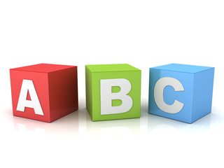 3d a b c letters on red green blue boxes isolated over white background with reflection