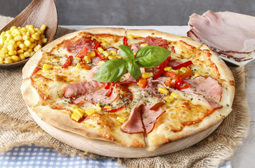 Canvas Print - Pizza with ham, corn and pepper