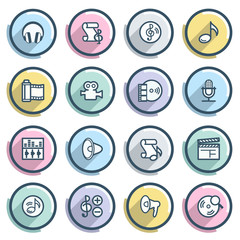 Poster - Audio video contour icons on color buttons. Flat design.