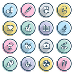 Poster - Medicine contour icons on color buttons. Flat design.