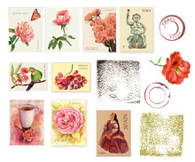 A Set Of Postage Stamps With Flowers And Postcard Design Elements