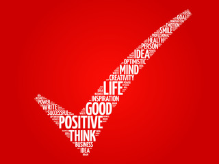 positive thinking check mark, red vector business concept words cloud