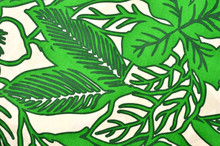 Pattern With Leaves On White Fabric. Green Graphic Leaves Print As Background.