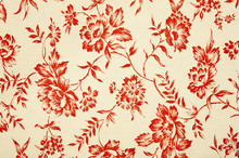 Floral Pattern On White Fabric. Graphic Red Roses Print As Background.