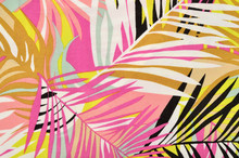 Colorful Tropical Leaves Pattern On Fabric. Pink, Yellow, Black And White Palm Leaves Print As Background.