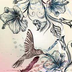 Poster - Vector back or pattern with birds and flowers