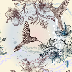 Wall Mural - Vector seamless wallpaper pattern with birds and flowers