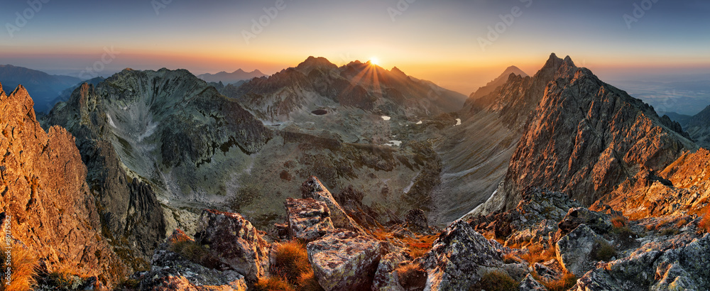 Mountain sunset panorama from peak - Slovakia Tatras - obrazy, fototapety, plakaty 