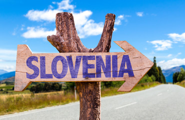 Wall Mural - Slovenia wooden sign with road background