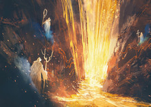 Illustration Painting Of Three Wizards Casting A Spell In Lava Cave