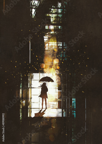 Silhouette Of Woman With Umbrella Standing At Window With Bright