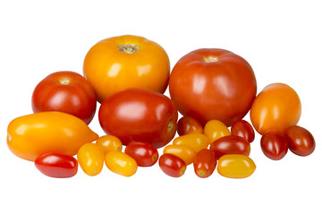 Wall Mural - Yellow and red tomatoes of different varieties. Isolated on white background