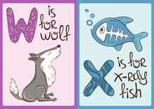Children Alphabet With Funny Animals Wolf And X-ray Fish.