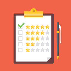 Poster - clipboard with rating stars and pen. quality control, customers reviews, service rating concepts