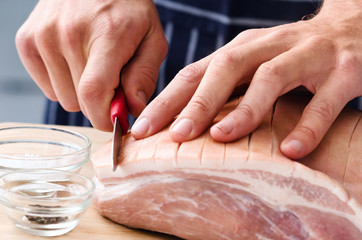 Wall Mural - Hands preparing meat for roasting, butcher chef cook