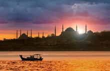 Sunset Over Istanbul Silhouette And The Fishing Boat