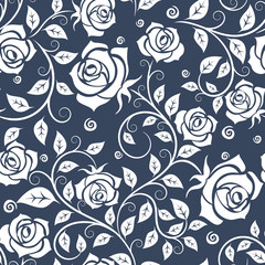 Poster - White and gray roses seamless pattern