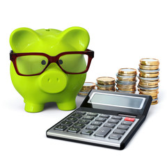 Wall Mural - Green piggy bank with calculator, glasses and coin stacks