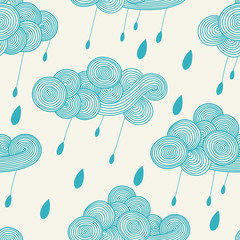Fototapete - Abstract hand-drawn wavy cloud with raindrops. Vector seamless pattern. Can be used for textile design, web page background, surface textures, wallpaper