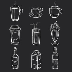 Set of different hand drawn beverages on the blackboard. Vector