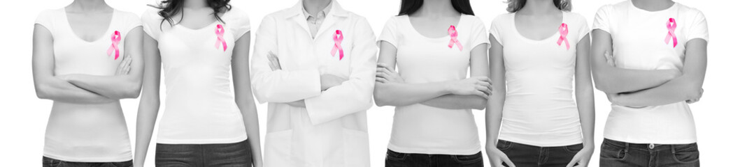 Sticker - smiling women with pink cancer awareness ribbons