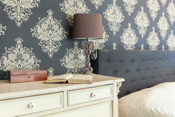 patterned wallpaper in retro interior