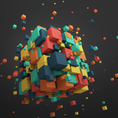 Poster - Abstract 3D Rendering of Flying Cubes.