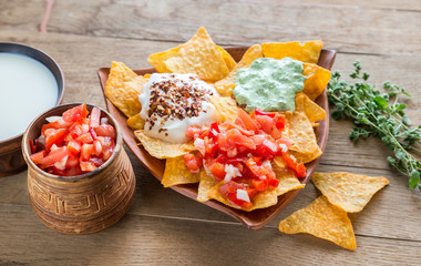 Poster - Cheese nachos with different types of sauce