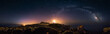 Leinwandbild Motiv 360° rectilinear panoramic view of starry night with milky way arc and lighthouse of Capo Spartivento 