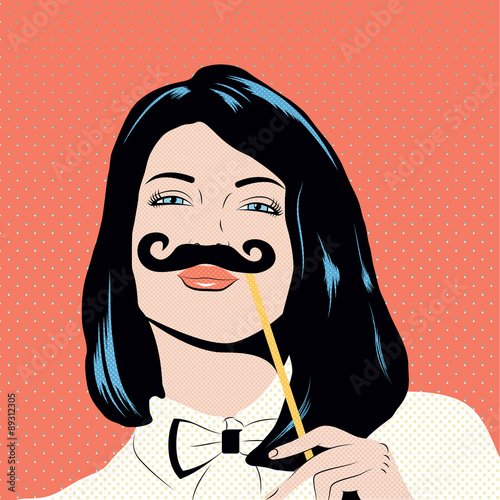 Fototapeta na wymiar Pop art illustration with girl holding mustache mask.