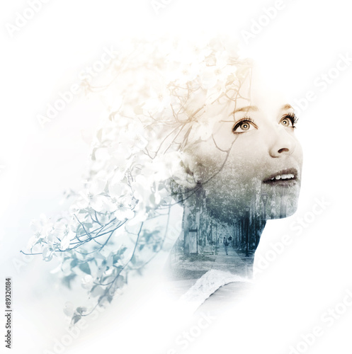 Fotografie, Obraz Double exposure of young woman with street and doogwood